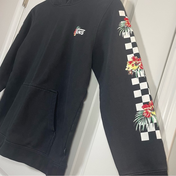 Vans Black Floral Checkerboard Sleeve Hoodie Pullover Sweatshirt Streetwear - Picture 7 of 15